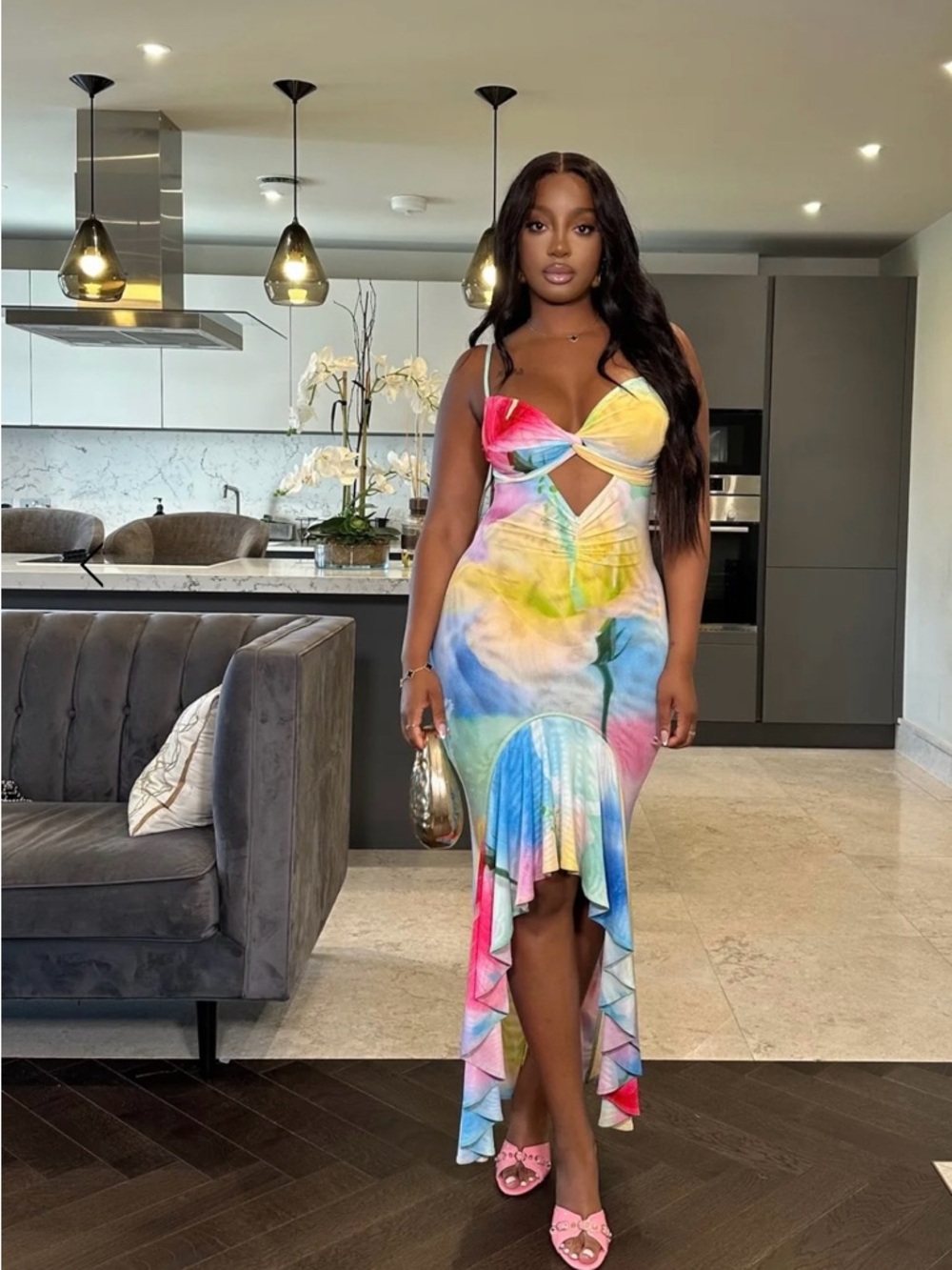 Tie-Dye Cutout Maxi Dress in Multicolor